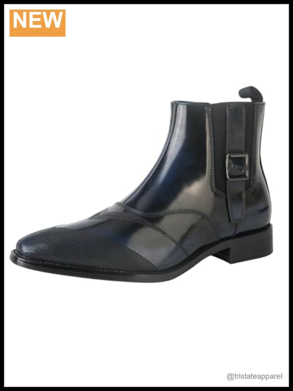 Mens Patent Leather Chelsea Ankle Boots Buckle Strap Textured Toe Slip On Dress